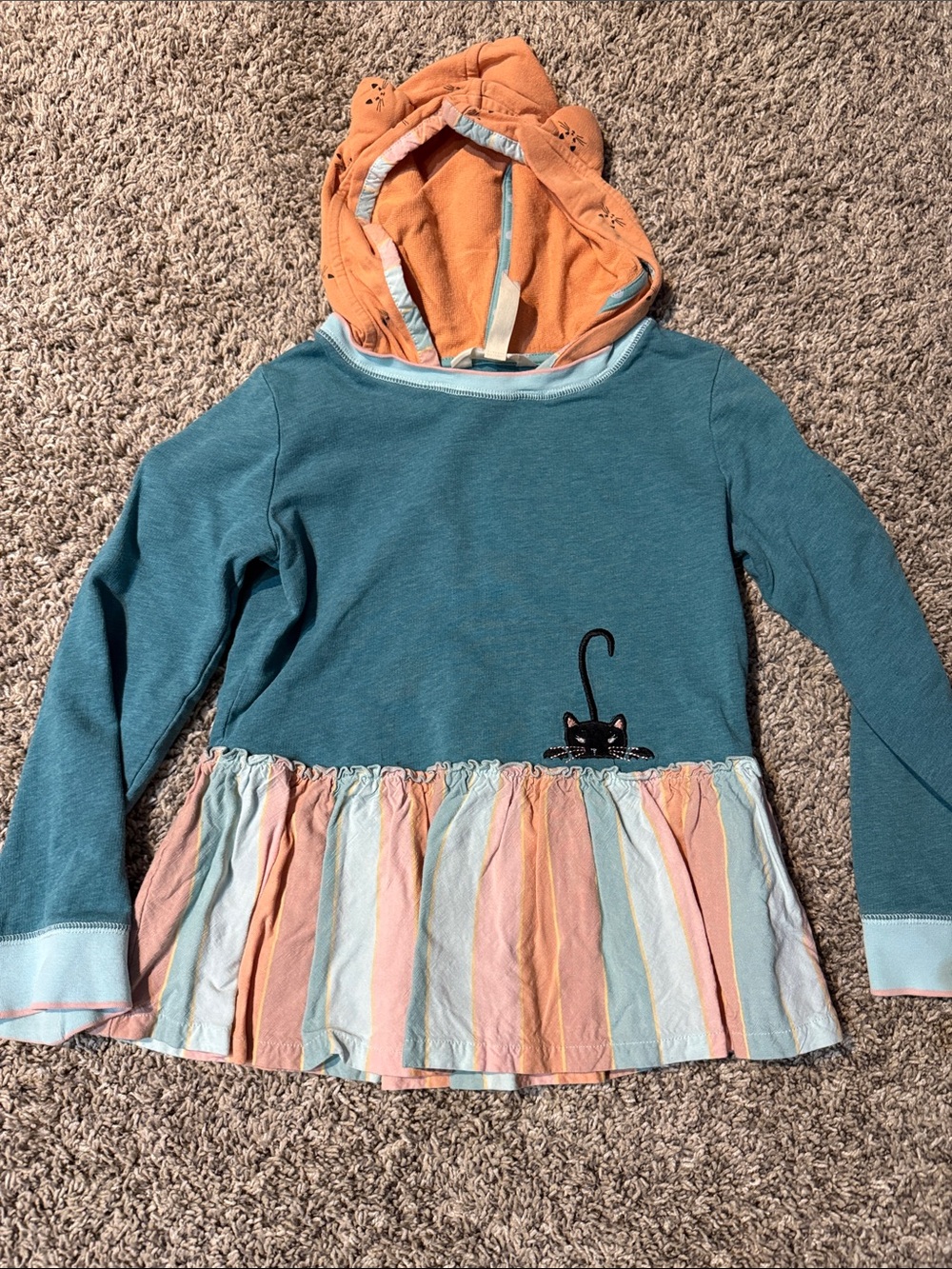 Matilda Jane Teal Hooded Peplum Top with Orange Hood and Striped Hem